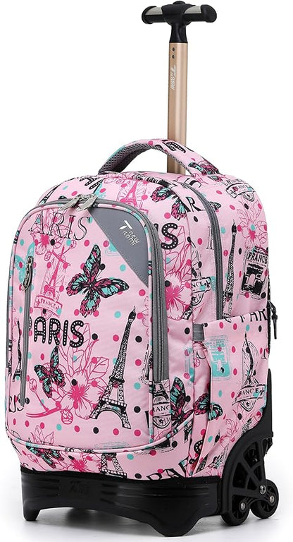 NEW TILAMI 18 Inch Rolling Backpack with Wheels for Girls Boys Kids Laptop Backpack School Travel, Pink Paris