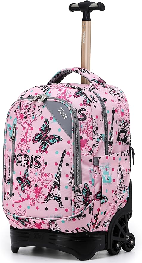 NEW TILAMI 18 Inch Rolling Backpack with Wheels for Girls Boys Kids Laptop Backpack School Travel, Pink Paris