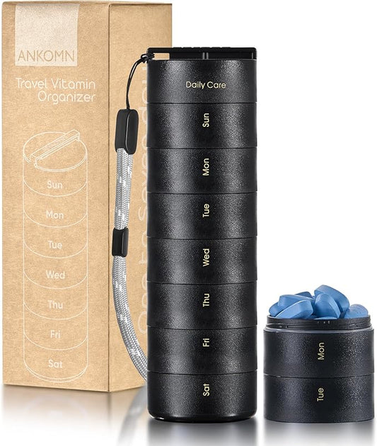 Ankomn - 7 Day Travel Pill Organizer. IPX7 Rating Waterproof, Airtight & Portable Pill Case for Vitamins. Durable Weekly Supplement Case with Stackable Compartments for Outdoor Use - Black