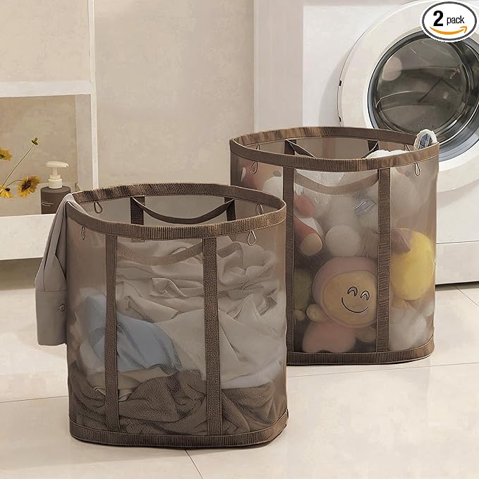 Mesh Bag with Handles, Collapsible Laundry Basket, Foldable Laundry Bag, Breathable Folding Beach Bag,Space-saving Travel Tote Bags (2, Brown)