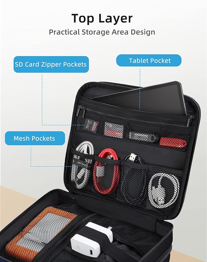 Smof Electronics Travel Organizer, Waterproof Cable Organizer Bag for Electronic Accessories 3 Layer Large Shockproof Cable Storage Bag for Cord, Power Bank, Tablet- Black