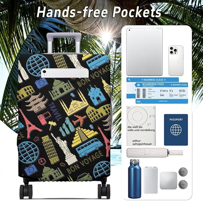Bon Voyage Travel Luggage Cover, Travel-Themed Suitcase Protector Stretchable, Washable Travel Suitcase Cover (M for 22-24 Inch Luggage)