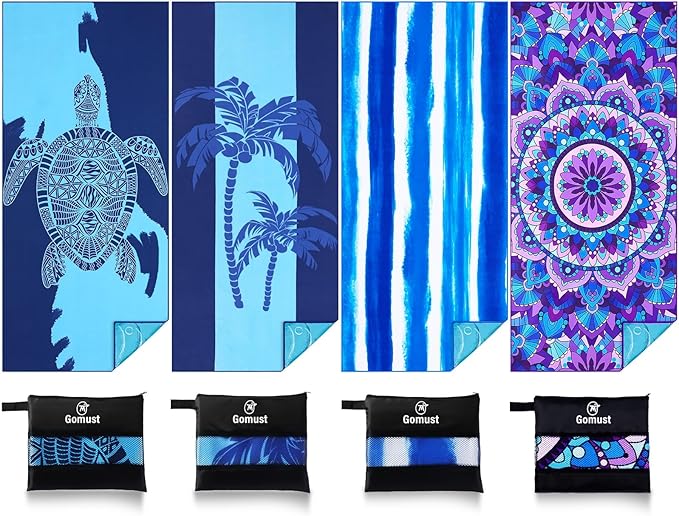 4 Pack Lightweight Thin Beach Towel Oversized 71"x32" Big Extra Large Microfiber Sand Free Towels for Adult Quick Dry Travel Camping Beach Accessories Gift Coconut Tree Sea Turtle Stripe Mandala