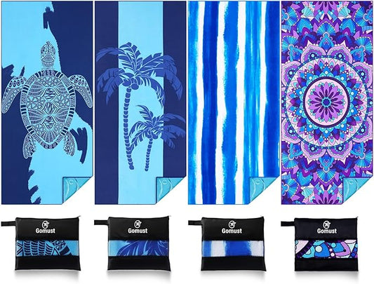 4 Pack Lightweight Thin Beach Towel Oversized 71"x32" Big Extra Large Microfiber Sand Free Towels for Adult Quick Dry Travel Camping Beach Accessories Gift Coconut Tree Sea Turtle Stripe Mandala