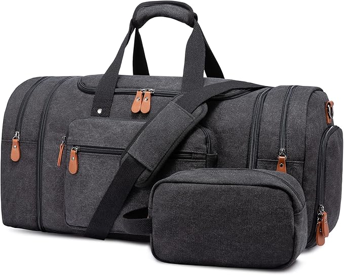 Sucipi Canvas Travel Duffel Bag for Men, Weekend Overnight Bag with Shoe Compartment and Toiletry Bag, Carry-On for Airplanes, Dark Grey
