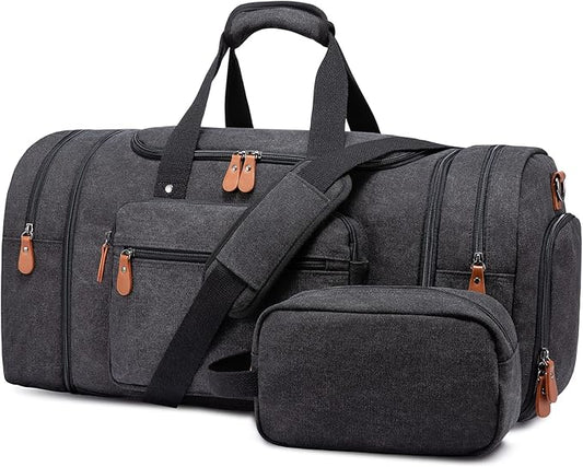 Sucipi Canvas Travel Duffel Bag for Men, Weekend Overnight Bag with Shoe Compartment and Toiletry Bag, Carry-On for Airplanes, Dark Grey