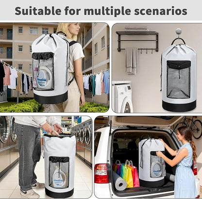 Laundry Bag Backpack with 3 Sizes Mesh Wash Bags and Shoulder Straps Foldable Clothes Hamper Bag with Drawstring Closure for College, Apartment, Laundromat (White)