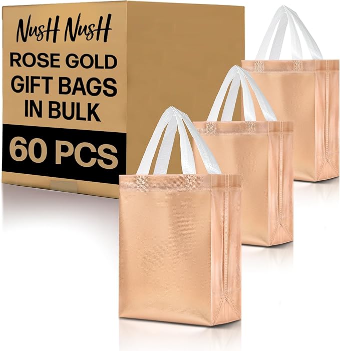 Nush Nush Set of 60 Rose Gold Gift Bags Bulk Medium Size - Reusable Bulk Gift Bags with Handles - Perfect Party Goodie Bag for Adults, Bachelorette Party Favors, Christmas, Events, Birthday - 8x4x10