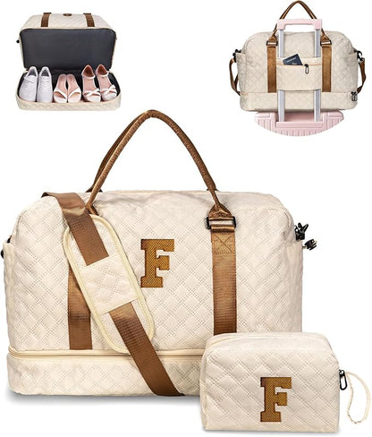 Gifts for Mom-Initial Duffle Bag with Shoe Compartment, Personalized Weekender Bag, Monogram Overnight Bag, Letter Travel Bag with Makeup Bag，Personalized Gifts Idea for Women Her (Letter F)