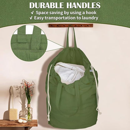 Canvas Laundry Bags 18x18in with Handles & Square Base, Extra Large Heavy Duty Laundry Basket Hamper Liner, Washable Drawstring Dirty Clothes Bag Canvas Storage Sack (Army Green XL)