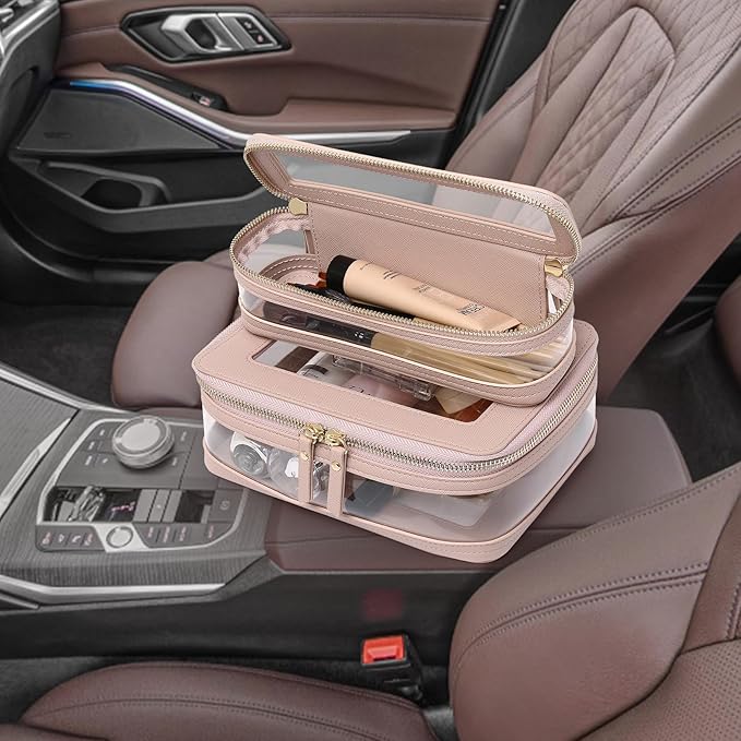 Pinkmik Clear Makeup Bag with Brush Case Travel Toiletry Bag Waterproof Cosmetic Organizer Car Essentials for Women (Pink, M+SLIM-1)