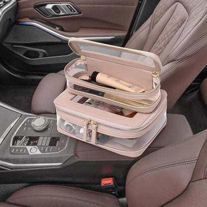 Pinkmik Clear Makeup Bag with Brush Case Travel Toiletry Bag Waterproof Cosmetic Organizer Car Essentials for Women (Pink, M+SLIM-1)