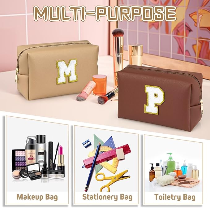 TOPEAST Preppy Stuff for Girls, Initial Makeup Bag Chenille Letter Pouch Cosmetic Bag with Zipper, PU Leather Waterproof Toiletry Bag, Cute Stuff Birthday Gift for Friends Sister (Khaki T)