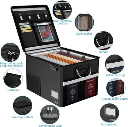 5200℉ Fireproof Document Box with Lock, Waterproof File Organizer with Handle, Portable Collapsible Filing Cabinet with Reflective Strip for Hanging Letter/Legal Folder, Black