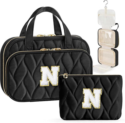 YOOLIFE Hanging Toiletry Bag for Women - Initial Travel Toiletry Large Capacity Personalized Bag for Traveling Women, Travel Essentials Gifts Black - N