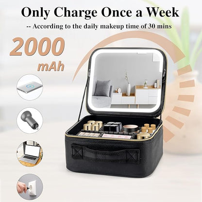 SJD Travel Makeup Bag with LED Mirror, Portable Cosmetic Case Organizer with Lighted Mirror, Waterproof Makeup Case for Cosmetic Brush Holder Storage, Black Toiletry Bag for Women Gift