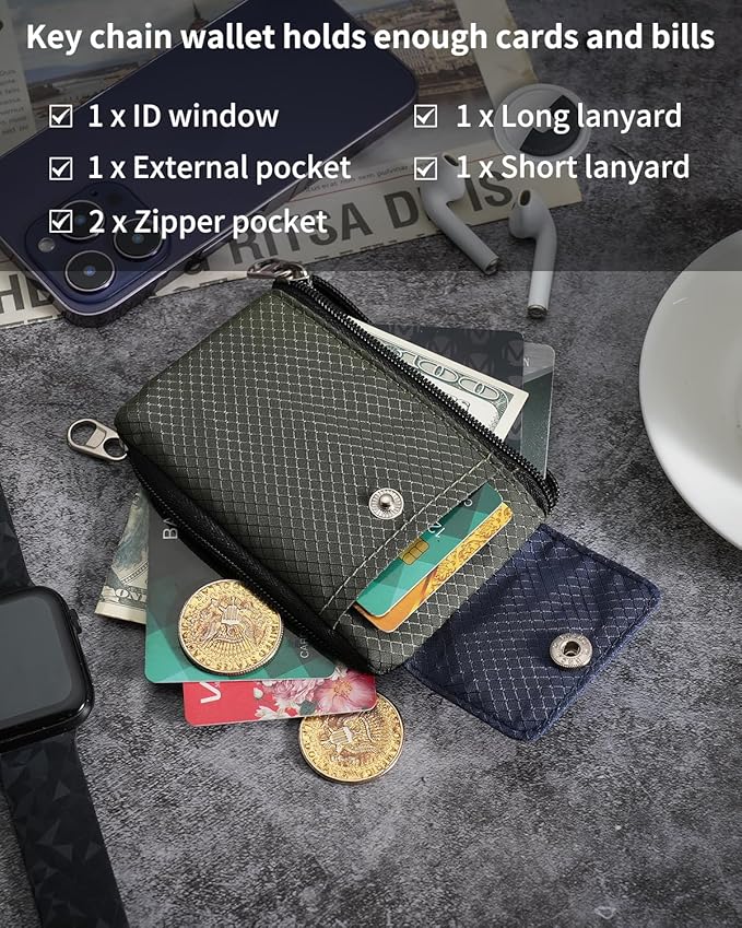 Minimalist Wallet For Mens Womens, Keychain RFID Blocking Zipper Small Wallet with ID Window 2 Lanyards,Water Resistant Travel Cash Card Coin Case Boys Girls