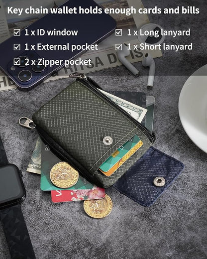 Minimalist Wallet For Mens Womens, Keychain RFID Blocking Zipper Small Wallet with ID Window 2 Lanyards,Water Resistant Travel Cash Card Coin Case Boys Girls