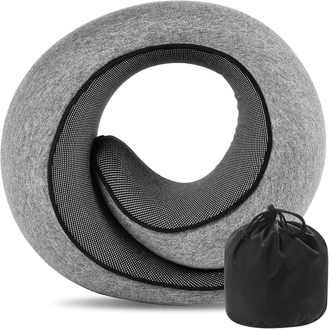 REDOFF®Travel Pillow for Neck Support, Memory Foam Neck Pillow for Airplane, Car, Office - Adjustable Strap with Magic Tape, Breathable & Portable with Storage Bag（Gray