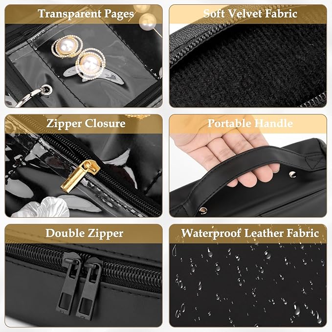 Yotako Travel Jewelry Organizer Case-Jewelry Organizer Jewelry Storage Book Binder with Clear Zipper Velvet Pouch for Travel Home Use, Jewelry Bags for Earrings, Rings, Necklace, Bracelet, Black