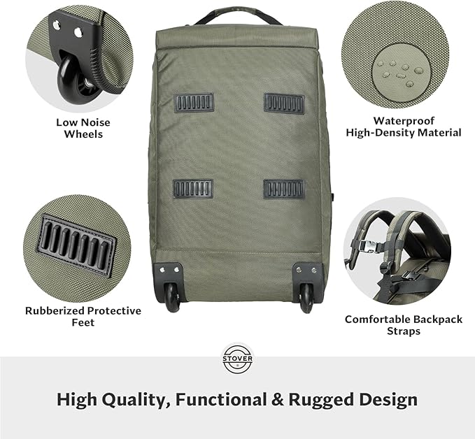STOVER 45L Carry-On Rolling Duffel Bag with Wheels, Medium Durable Travel Duffle w/Toiletry Bag, Heavy-Duty, Packable, Foldable with Shoulder Straps- Use as Luggage or Backpack, Men/Women (Green)