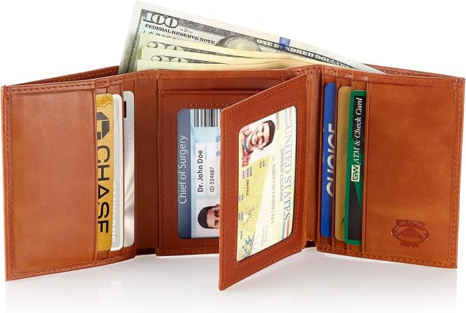 Stealth Mode Leather Trifold RFID Wallet For Men With Flip Out ID Holder (Light Brown)