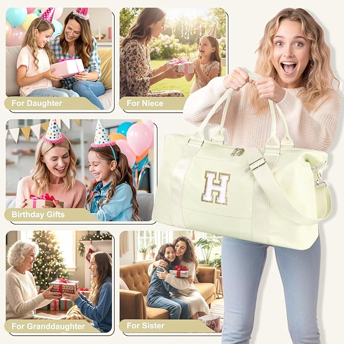 Dance Gym Duffel Bag for Teen Girls, Personalized Initial Travel Weekender Bag,Cute Overnight Carry On Duffle for Women,Sports Travel Cheer Bag,Monogram Christmas Gifts for Tween Preppy(beige-H)