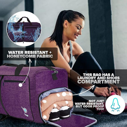 Bago Foldable Duffel Bags for Traveling Women & Men - 60L Medium Packable Duffle Bag for Travel with Shoe Compartment - Water Repellant, Heavy Duty, Lightweight Folding & Collapsible (SnowDepPurple)