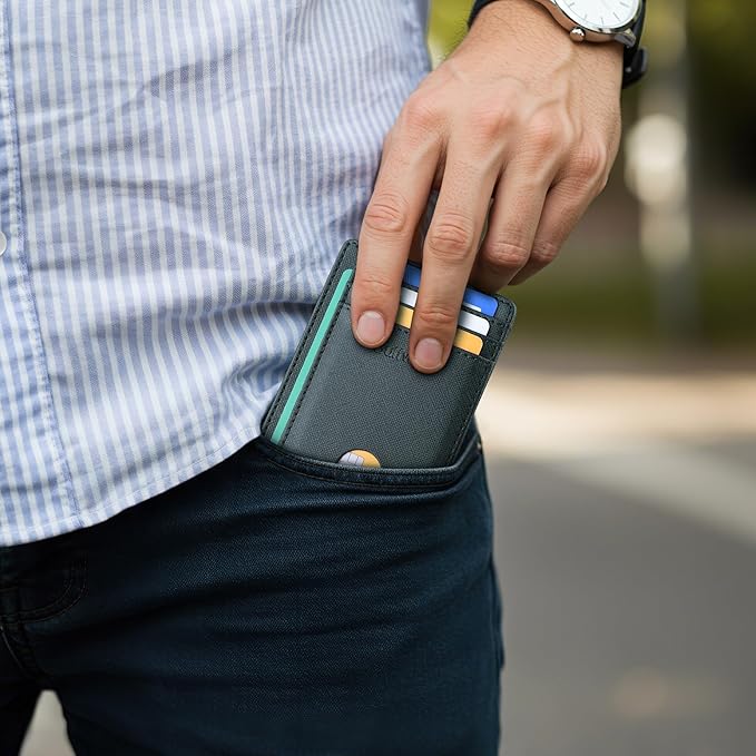 Buffway Slim Minimalist Front Pocket RFID Blocking Leather Wallets for Men and Women - Cross Blackish Green
