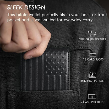 Full Grain Leather Wallet for Men, RFID Blocking, Mens Wallet Bifold with 2 ID Windows, Billfold with 13 Card Slots, Leather Gift for Men, American Flag Wallet Black