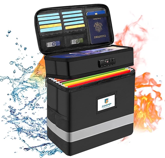 Fireproof File Box with Lock, 2 Layer Document Box Storage Organizer, Suitable for Hanging File Folders in Letter Size, Collapsible File Box, Reflective Strip for Fast Find (12.2*6*12.2, Black)