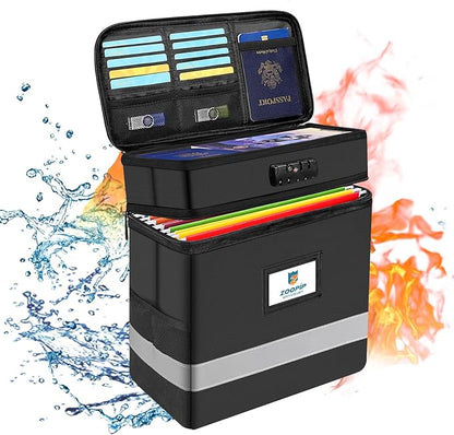 Fireproof File Box with Lock, 2 Layer Document Box Storage Organizer, Suitable for Hanging File Folders in Letter Size, Collapsible File Box, Reflective Strip for Fast Find (12.2*6*12.2, Black)