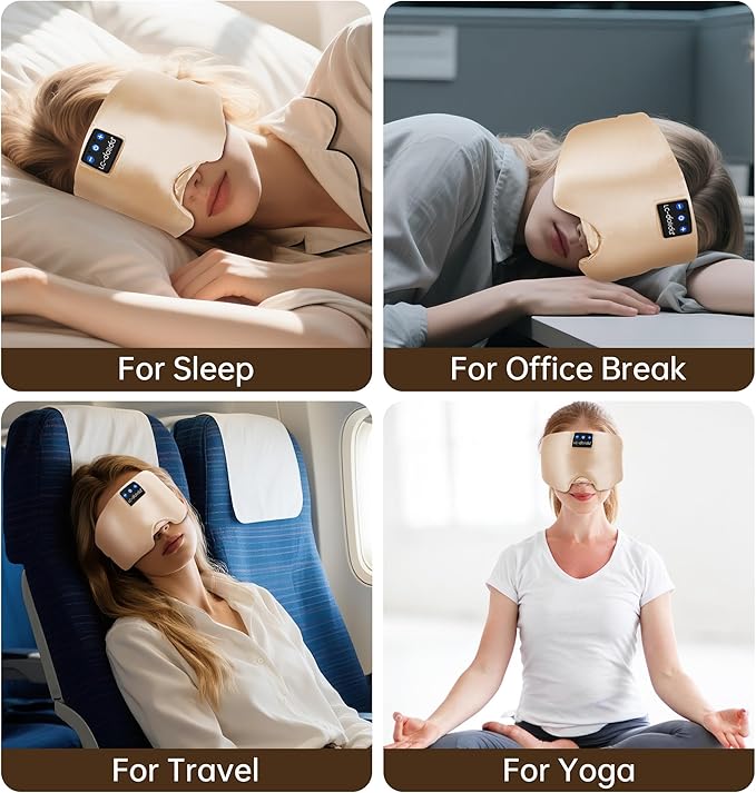 LC-dolida Luxurious Silk Soft Sleep Mask, Sleep Headphones with Bluetooth 5.4 for Side Sleeper, Total Blackout Eye Sleeping Mask for Women and Men, Ideal Gift for Restful Sleep, Travel(Champagne)