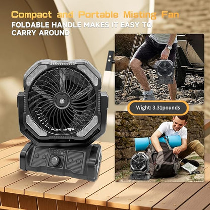 Oscillating Misting Fan Battery Powered- 20000mAh Rechargeable,Blow Cold Air, 3 Spray Modes, LED Lantern, Portable Outdoor Fan for Pet Patio, BBQ, Travel, Gym Black