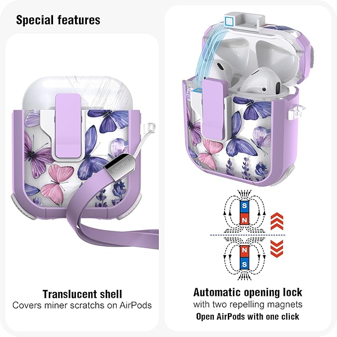 WENEW Case for AirPods 1 & 2 Case Cover Secure Lock Automatic Snap Switch Clip Cleaner Kit Lanyard Women Stylish Flower Armor Hard Shell (Butterfly, AirPods 1st & 2nd)