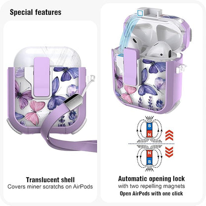 WENEW Case for AirPods 1 & 2 Case Cover Secure Lock Automatic Snap Switch Clip Cleaner Kit Lanyard Women Stylish Flower Armor Hard Shell (Butterfly, AirPods 1st & 2nd)