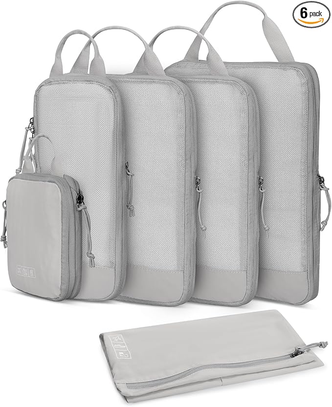 Hynes Eagle 6 Set/ 4 Set/ 2 Set Compression Packing Cubes Travel Essentials Lightweight Nylon Luggage Suitcase Organizer Bag Light Grey 6PCS