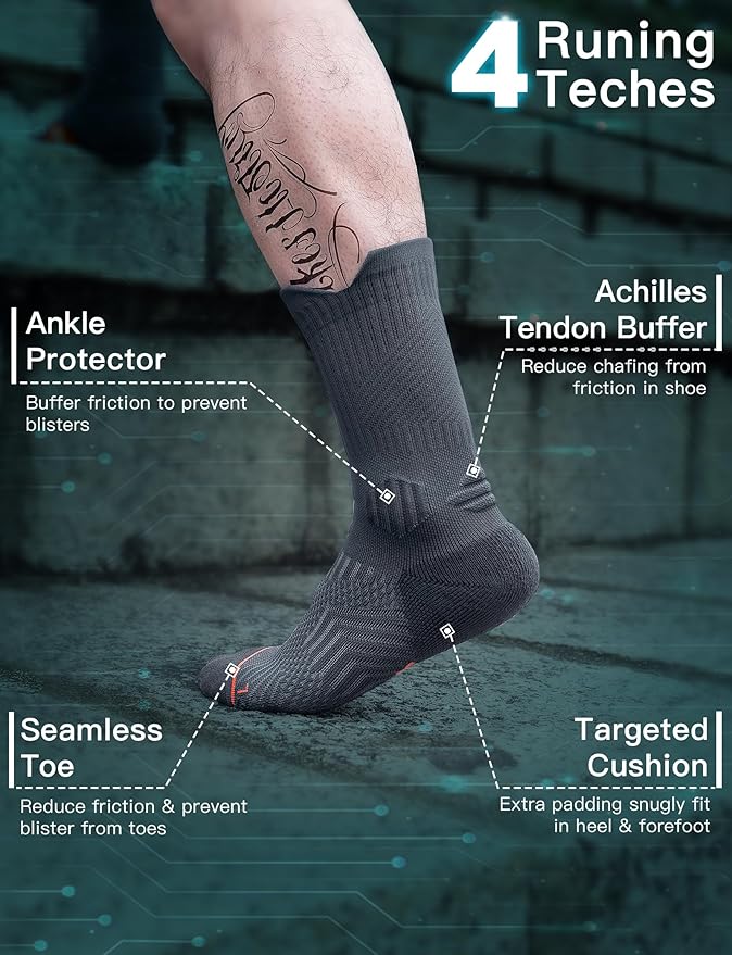 Mens Bamboo Viscose Crew Compression Running Socks Athletic Hiking Cushioned Wicking Anti-Blister Seamless