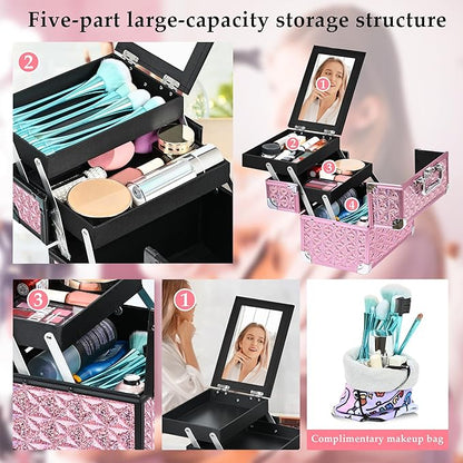 Makeup Case Organizer,Makeup Train Case, Trays Cosmetic Box Portable, Profesional for Salon Barber,Pink