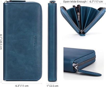 VISOUL Leather Long Zipper Pouch Wallet for Men and Women with RFID Blocking, Large Clutch Cash Long Wallet with Zipper (Navy Blue)