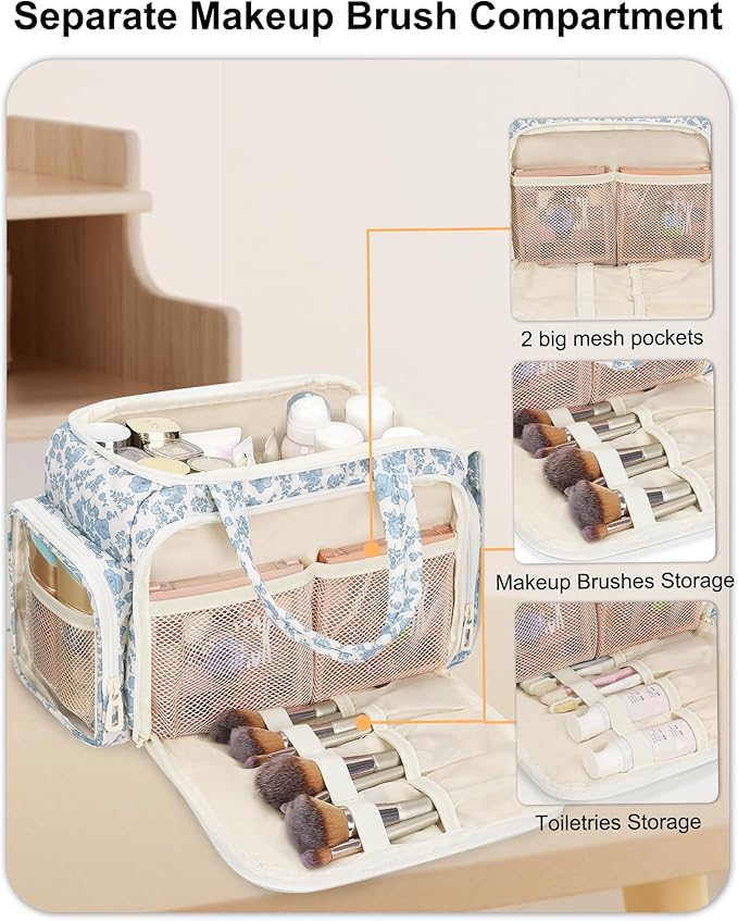 Travel Makeup Bag, Lightweight Wide-open Toiletries Bag for Women, Large Cosmetic Organizer Bag with Makeup Brushes Compartment for Travel-Sized Essentials for Trip, Camping - Blue Flower