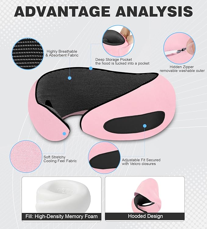Travel Neck Pillow, Newly Upgraded Hooded Neck Pillow ,100% Pure Memory Foam Travel Pillow for Flight Headrest Sleep,Windproof and heat preservation,Suitable for use in Outdoor/ Plane/Car/Office