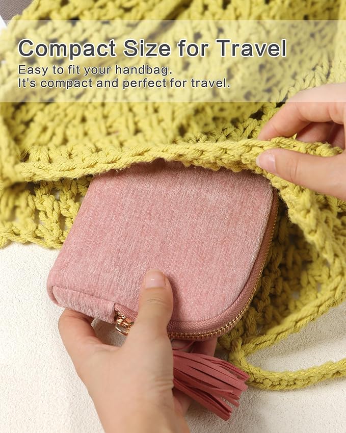Small Travel Jewelry Case, Mini Travel Jewelry Bag with Zipper, 5-Layer Velvet Organizer Pouch for Bracelet Rings Earrings - Chenille Velvet Pink