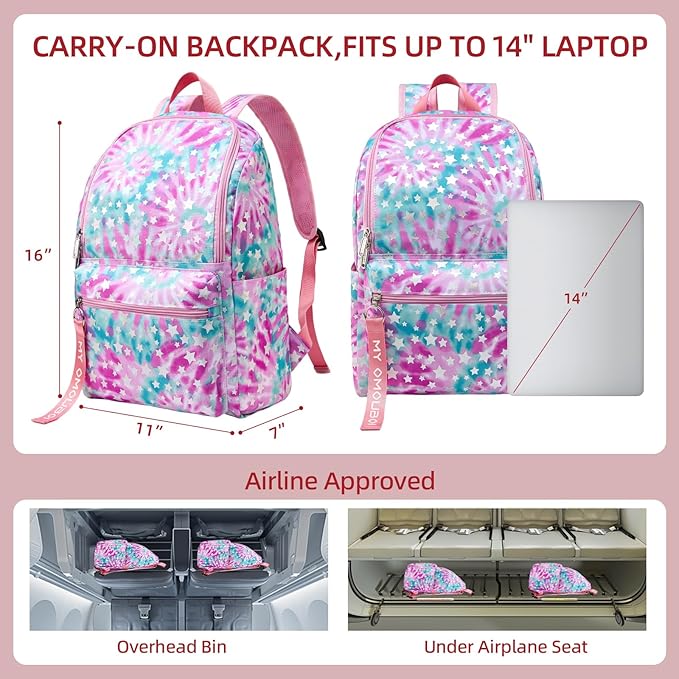 OMOUBOI 14 inch Travel Laptop Backpack for Women 20L Carry on Casual Daypacks Water Resistant Work Computer Laptop Bags College School Bookbag Multicolor Pink