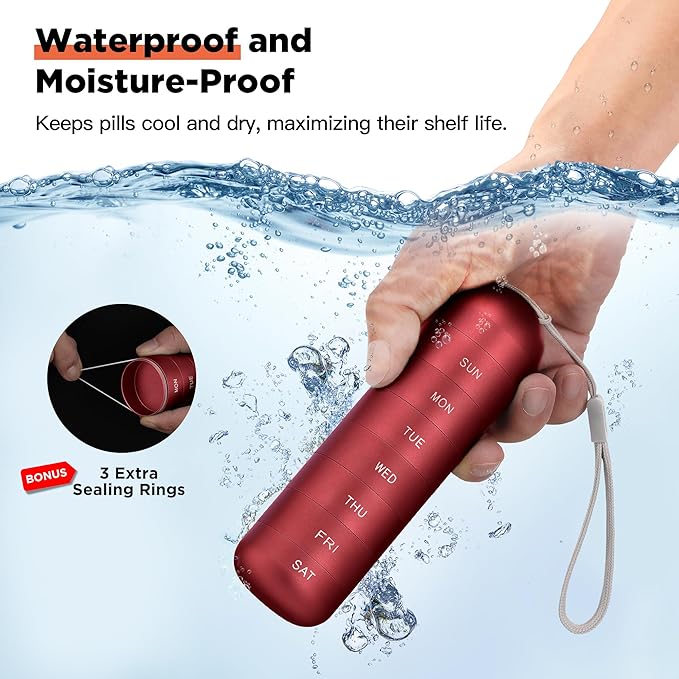 Zannaki Metal Moisture Proof Weekly Pill Organizer, Large Aluminum Alloy BPA Free Travel Hiking 7 Day Pill Box Case Waterproof and Stackable Compartment to Hold Pills, Vitamins, Fish Oil, Supplements