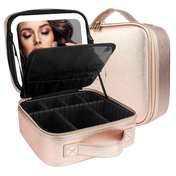 MOMIRA Travel Makeup Bag Cosmetic Bag Makeup Organizer Bag with Lighted Mirror, Adjustable Brightness in 3 Color Scenarios, Waterproof Makeup Train Case, Gift for Women - Champagne