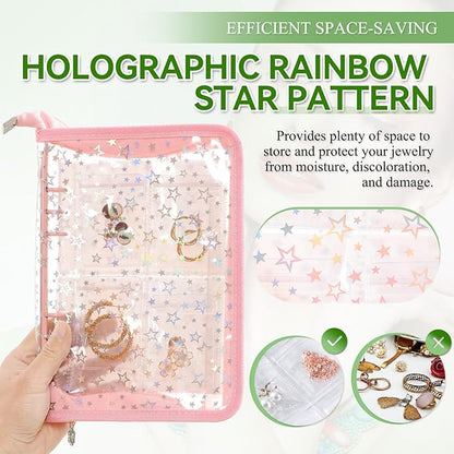 Jewelry Organizer Case Travel Clear Earring Organizer Case Transparent Jewelry Storage Book with Clear Zippered Jewelry Pouch (Pink, With 80 Pcs small Jewelry Pouches)