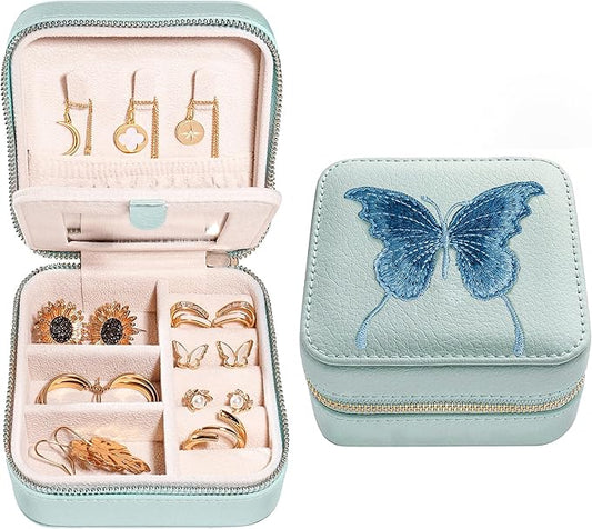 S.Leaf Travel Jewelry Organizer Boxes for Women Small Portable Necklace Earrings Bracelet Rings Travel Case Best Friend Birthday Gifts for Women Trendy (Butterfly_Hazeblue_Blue)