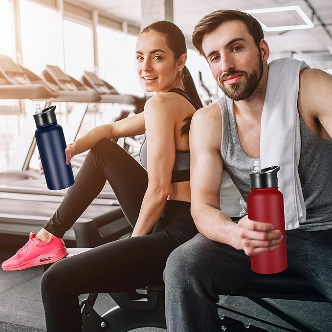 VEGOND 32 oz Insulated Water Bottle Stainless Steel Metal Water Bottles with Leak Proof Straw Lid & Spout Lid, Wide Mouth Double Walled Vacuum Travel Sports Bottle, Red