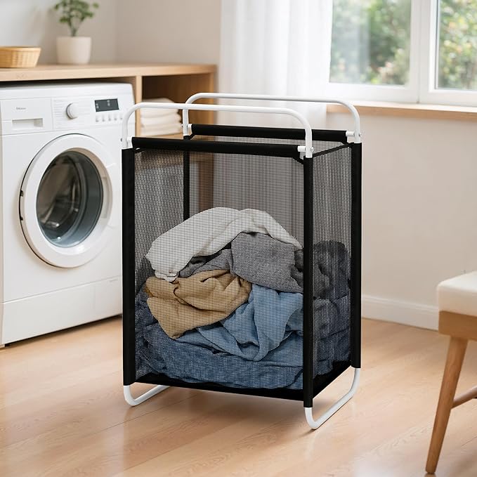 STO STO Laundry Hamper, 75L Laundry Basket with Vinyl Mesh Bag, Lightweight Portable Dirty Clothes Hamper, Laundry Bin with Metal Frame for Laundry Room, Bedroom, Closet and Dorm, Black Mesh